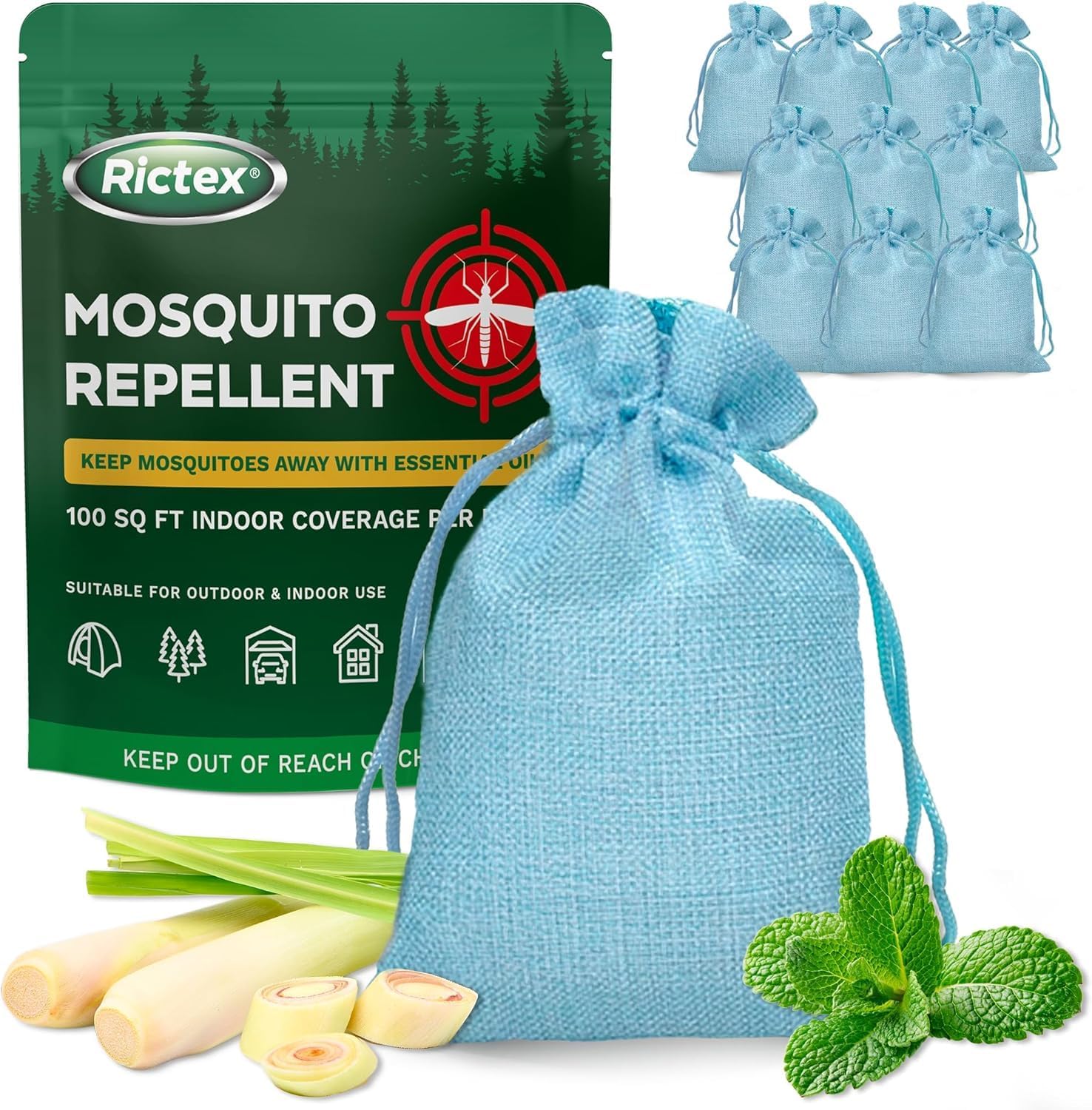 Mosquito Repellent Outdoor Patio & Yard: Natural Citronella & Peppermint Oil Pouches – Safe for Kids & Pets – Camping & Backyard 10 Pouches
